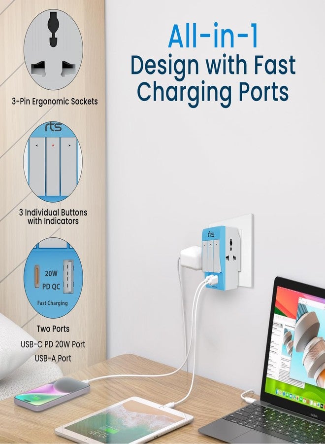 rts مقبس متعدد الأطراف ثلاثي الأطراف من RTS - محول سفر عالمي مزود بمنافذ USB ومنفذ Type-C PD ومفتاح أمان فردي ومؤشر LED - مقبس ثلاثي الاتجاهات (5 أمبير - 250 فولت) من النوع D للمنزل والمكتب - أزرق - Image 5